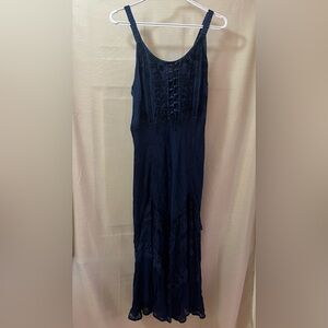 Navy Blue Boho Retro Lace-Up Maxi Dress by My Choice – 100% Rayon